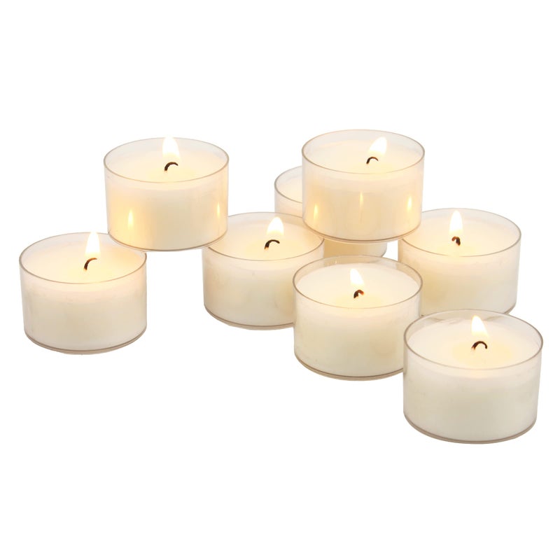 Stonebriar 96 Count White Unscented Smokeless Long Burning Clear Cup Tea Light Candles with 6 to 7 Hour Burn Time - Image 1